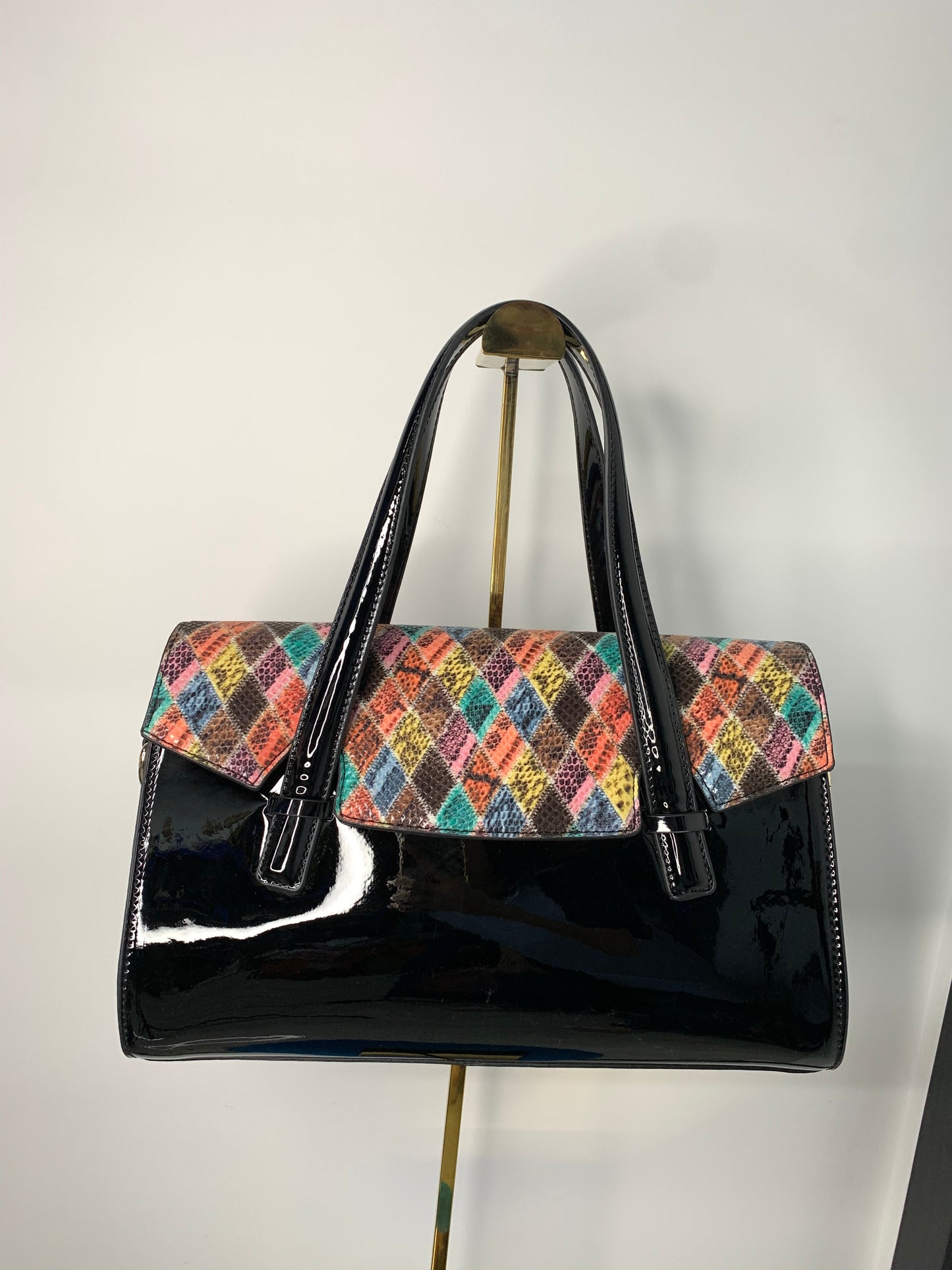 [YX]Colorful checked black leather bag